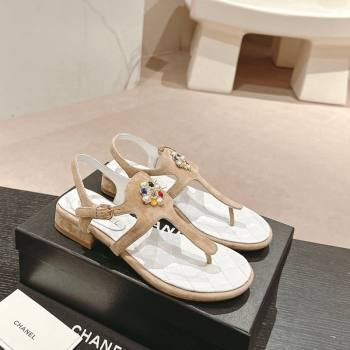 Chanel Suede Flat Thong Sandals with Pearls Flower Beige 2024 0603 (MD-240603098)
