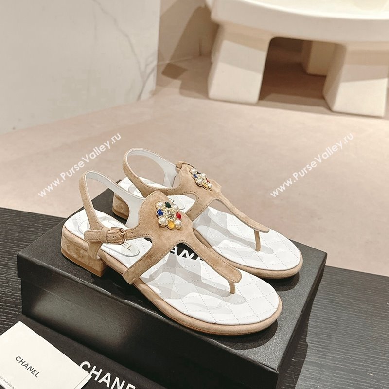 Chanel Suede Flat Thong Sandals with Pearls Flower Beige 2024 0603 (MD-240603098)