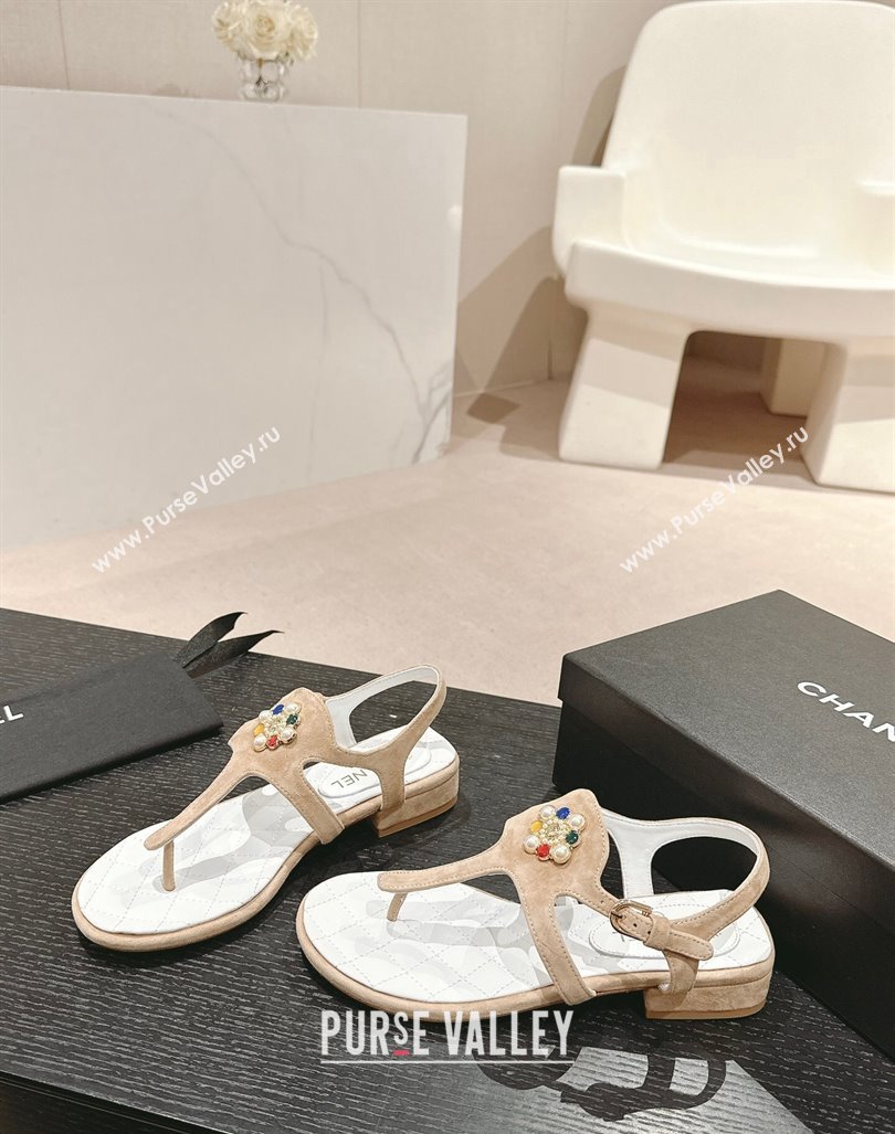 Chanel Suede Flat Thong Sandals with Pearls Flower Beige 2024 0603 (MD-240603098)