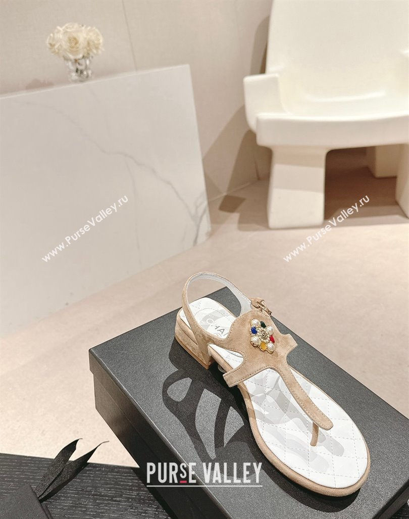 Chanel Suede Flat Thong Sandals with Pearls Flower Beige 2024 0603 (MD-240603098)