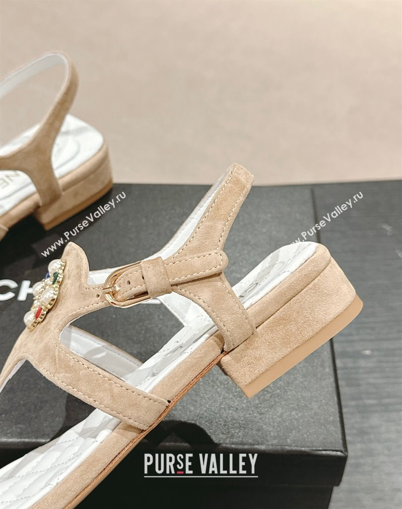 Chanel Suede Flat Thong Sandals with Pearls Flower Beige 2024 0603 (MD-240603098)