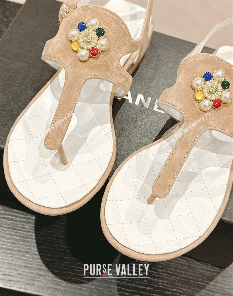 Chanel Suede Flat Thong Sandals with Pearls Flower Beige 2024 0603 (MD-240603098)