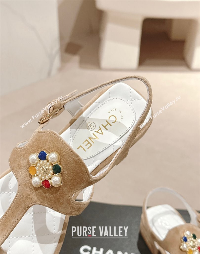 Chanel Suede Flat Thong Sandals with Pearls Flower Beige 2024 0603 (MD-240603098)