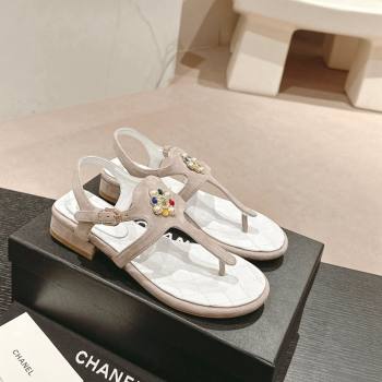 Chanel Suede Flat Thong Sandals with Pearls Flower Grey 2024 0603 (MD-240603099)