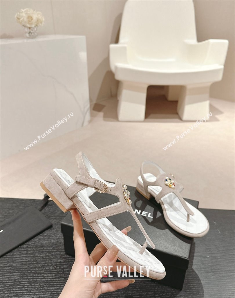 Chanel Suede Flat Thong Sandals with Pearls Flower Grey 2024 0603 (MD-240603099)