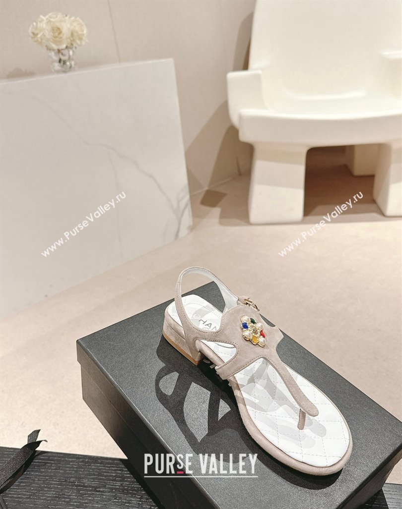 Chanel Suede Flat Thong Sandals with Pearls Flower Grey 2024 0603 (MD-240603099)