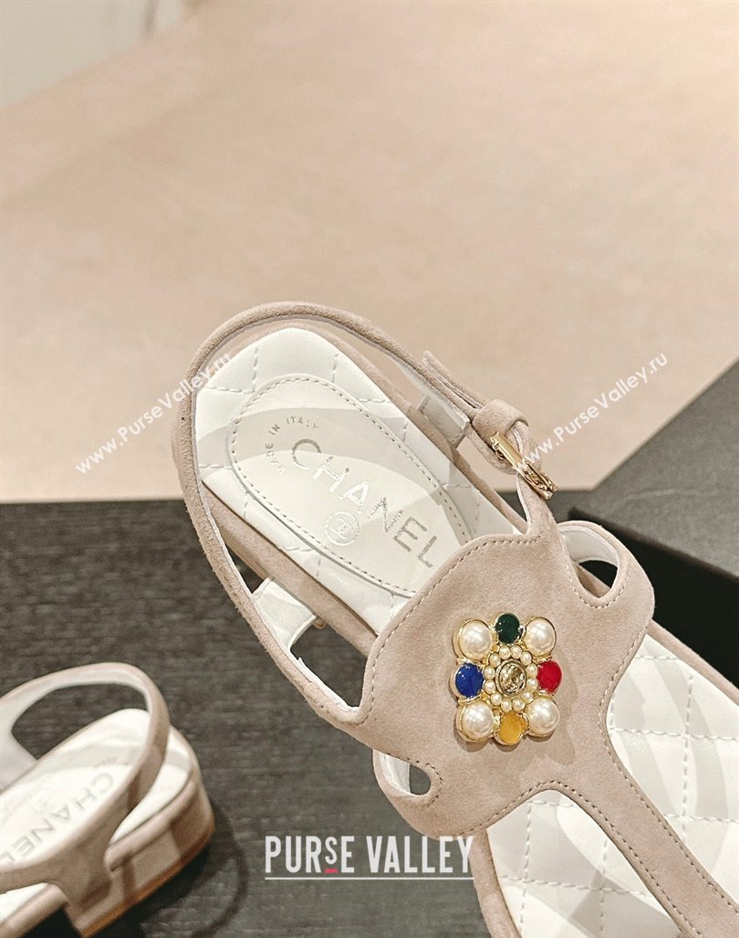 Chanel Suede Flat Thong Sandals with Pearls Flower Grey 2024 0603 (MD-240603099)