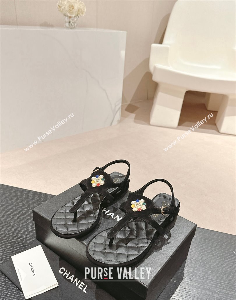 Chanel Suede Flat Thong Sandals with Pearls Flower Black 2024 0603 (MD-240603101)