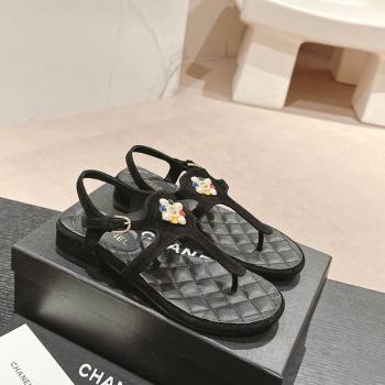 Chanel Suede Flat Thong Sandals with Pearls Flower Black 2024 0603 (MD-240603101)