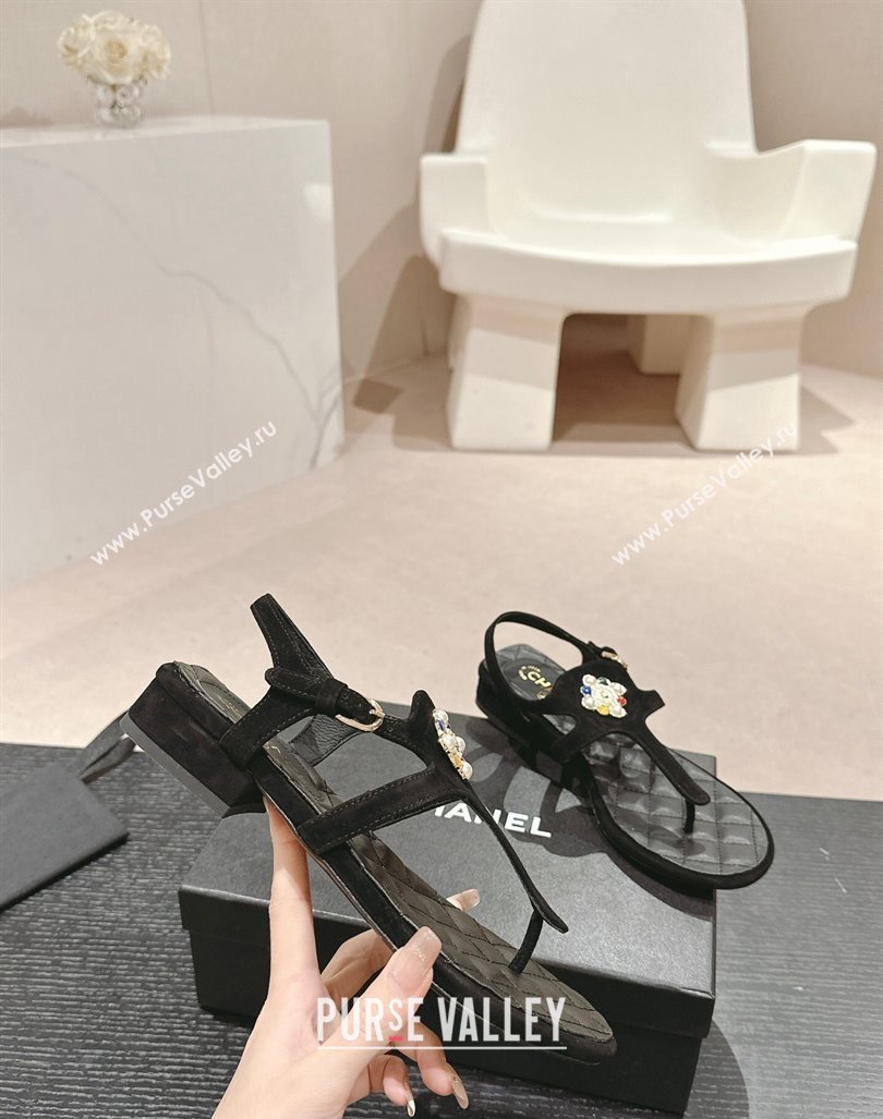 Chanel Suede Flat Thong Sandals with Pearls Flower Black 2024 0603 (MD-240603101)