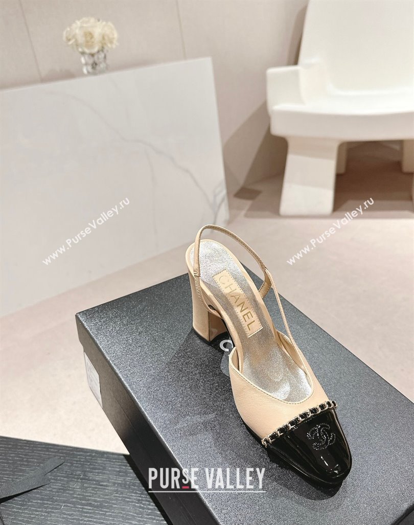 Chanel Lambskin Patent Calfskin Slingback Pumps 9cm with Chain Beige 2024 0603 (MD-240603027)