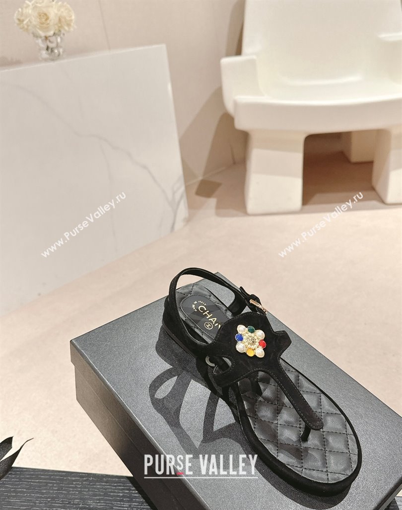 Chanel Suede Flat Thong Sandals with Pearls Flower Black 2024 0603 (MD-240603101)