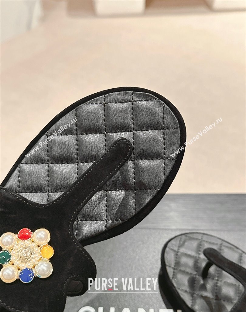 Chanel Suede Flat Thong Sandals with Pearls Flower Black 2024 0603 (MD-240603101)