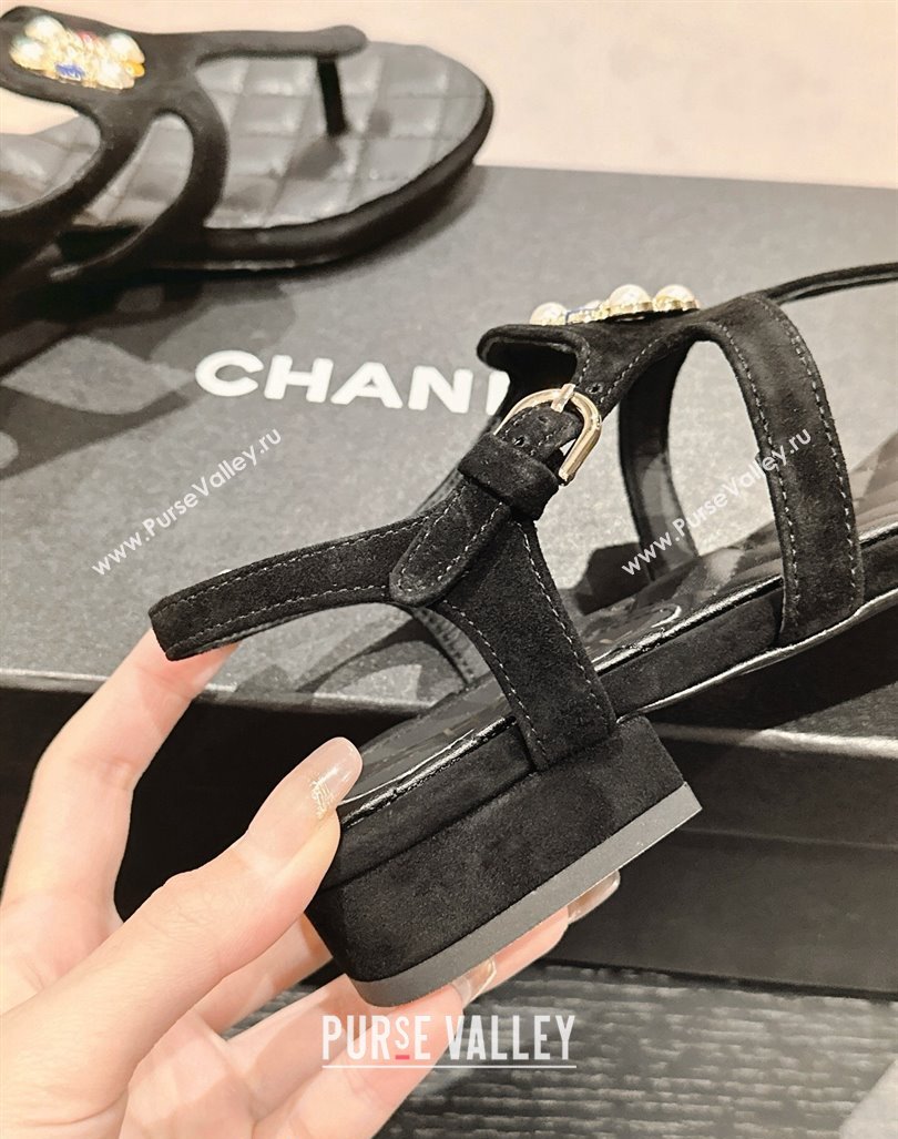 Chanel Suede Flat Thong Sandals with Pearls Flower Black 2024 0603 (MD-240603101)