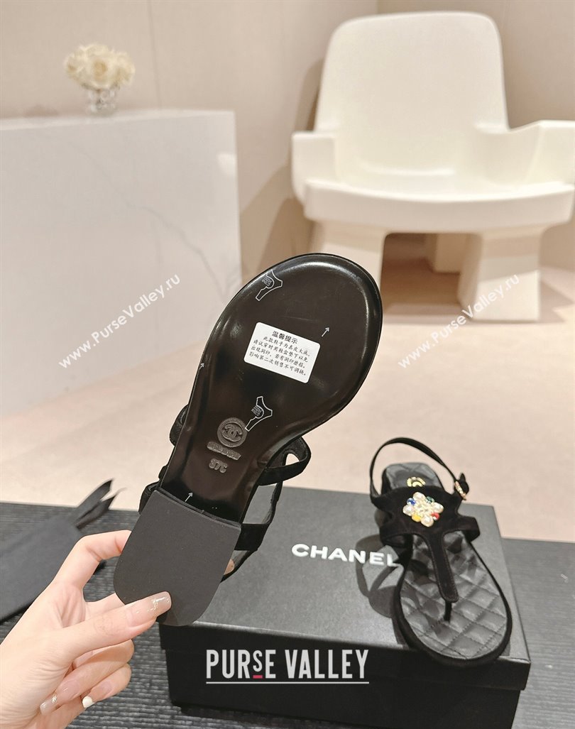 Chanel Suede Flat Thong Sandals with Pearls Flower Black 2024 0603 (MD-240603101)