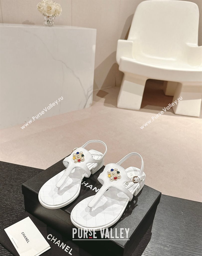 Chanel Calfskin Flat Thong Sandals with Pearls Flower White 2024 0603 (MD-240603102)