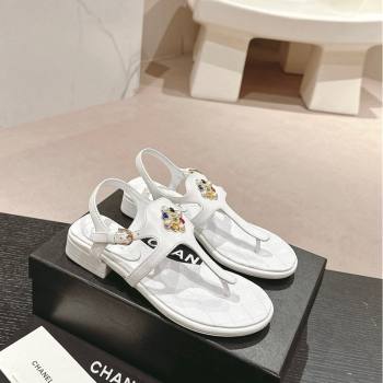 Chanel Calfskin Flat Thong Sandals with Pearls Flower White 2024 0603 (MD-240603102)