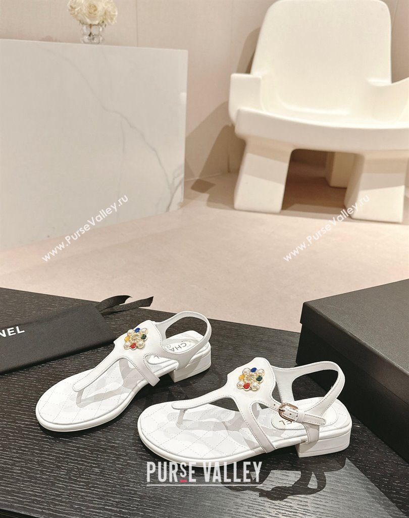 Chanel Calfskin Flat Thong Sandals with Pearls Flower White 2024 0603 (MD-240603102)