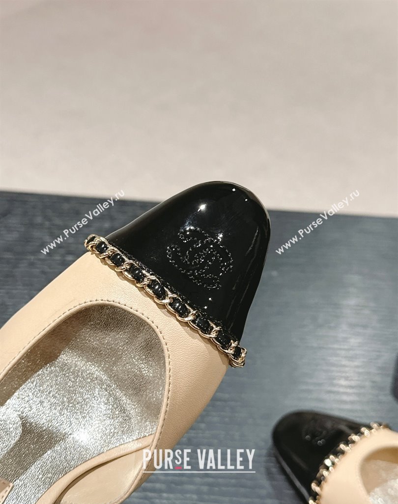 Chanel Lambskin Patent Calfskin Slingback Pumps 9cm with Chain Beige 2024 0603 (MD-240603027)