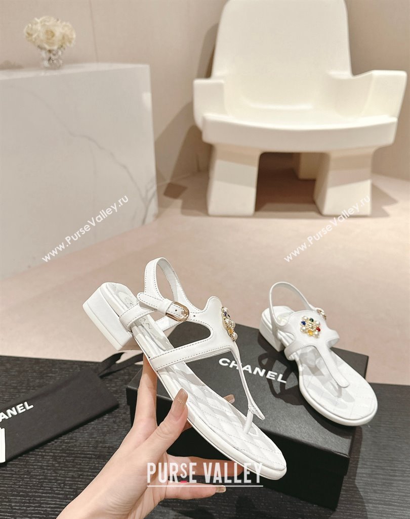 Chanel Calfskin Flat Thong Sandals with Pearls Flower White 2024 0603 (MD-240603102)