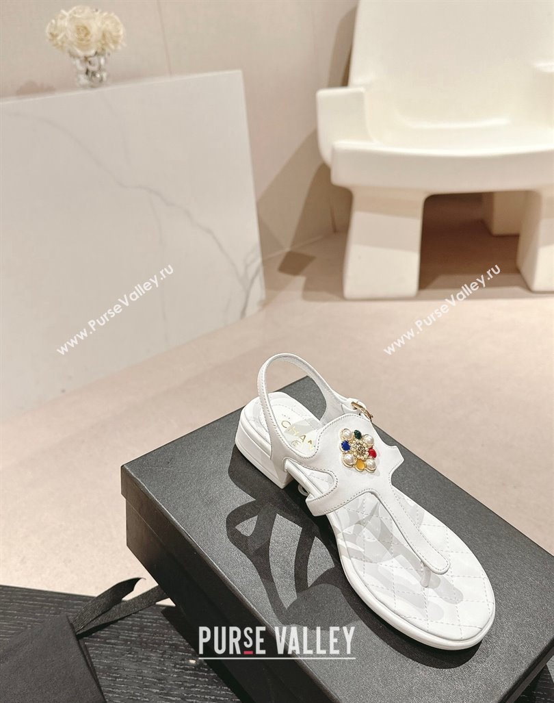 Chanel Calfskin Flat Thong Sandals with Pearls Flower White 2024 0603 (MD-240603102)