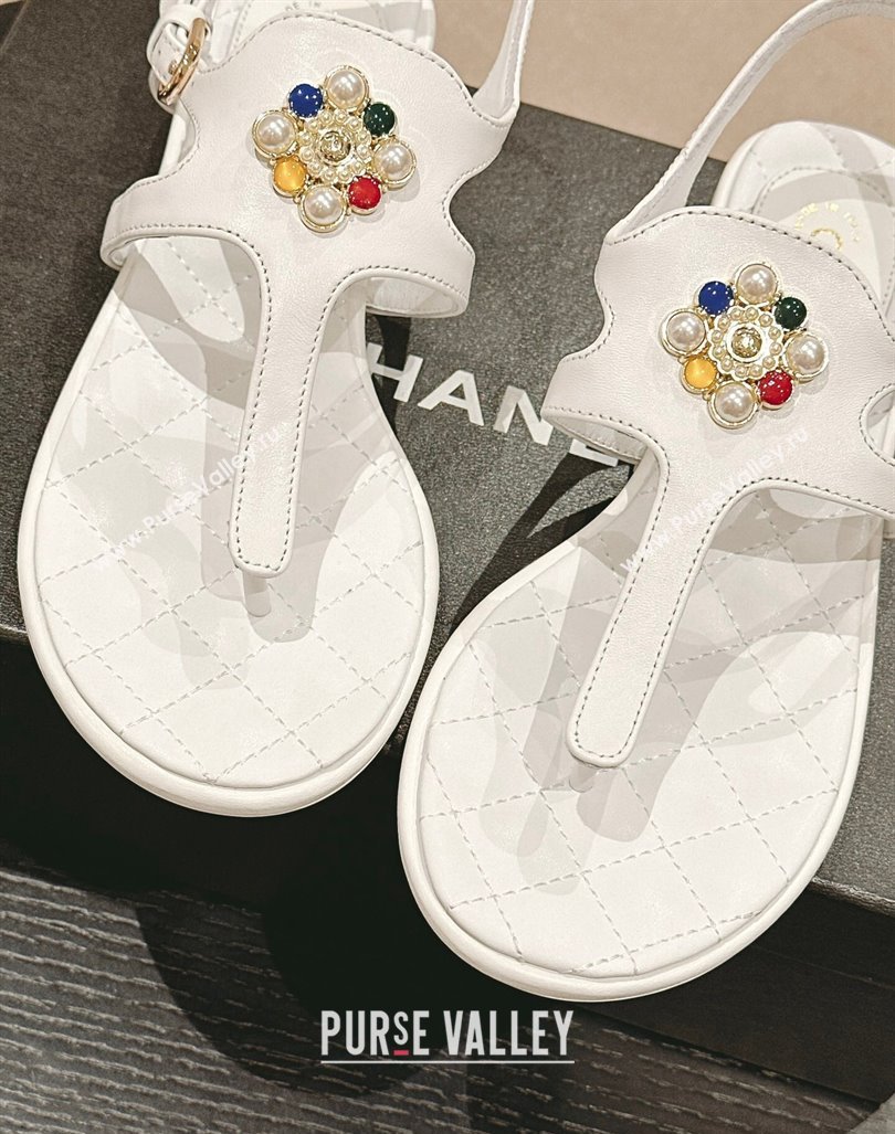 Chanel Calfskin Flat Thong Sandals with Pearls Flower White 2024 0603 (MD-240603102)