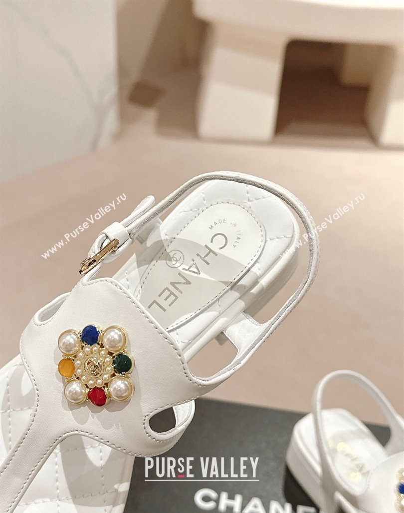 Chanel Calfskin Flat Thong Sandals with Pearls Flower White 2024 0603 (MD-240603102)