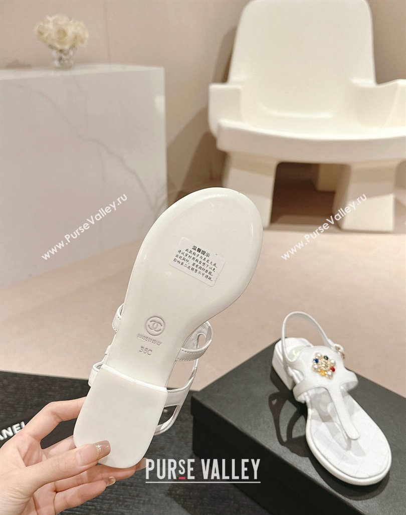 Chanel Calfskin Flat Thong Sandals with Pearls Flower White 2024 0603 (MD-240603102)