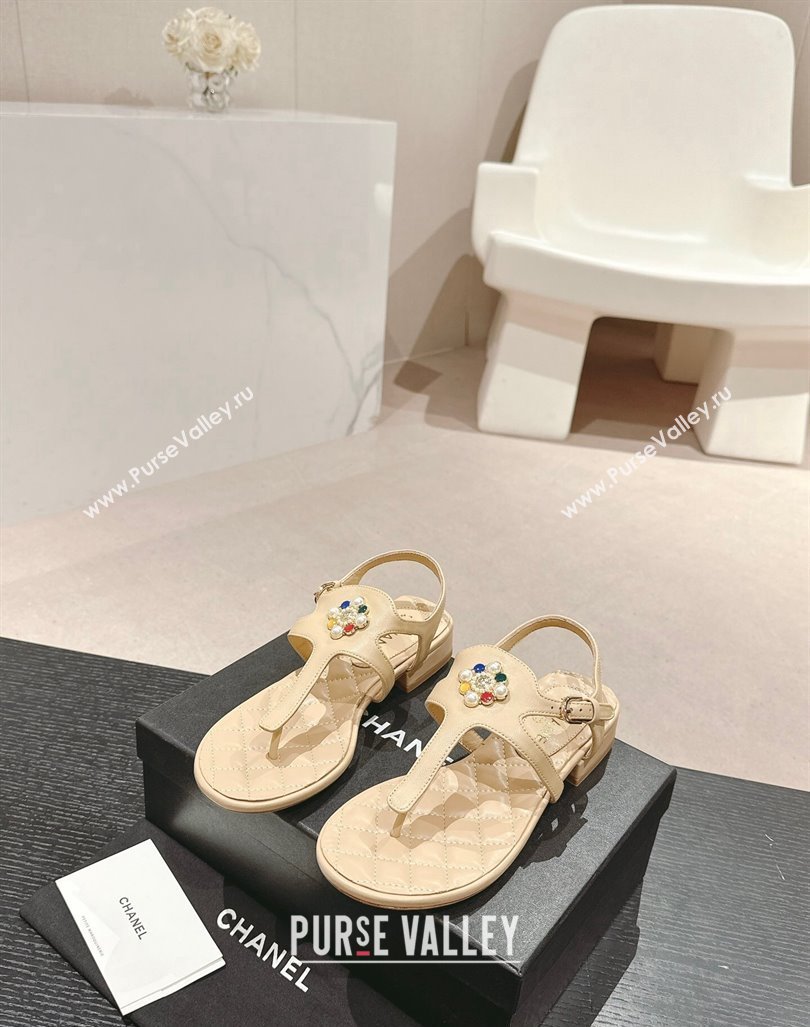 Chanel Calfskin Flat Thong Sandals with Pearls Flower Beige 2024 0603 (MD-240603103)