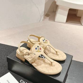 Chanel Calfskin Flat Thong Sandals with Pearls Flower Beige 2024 0603 (MD-240603103)