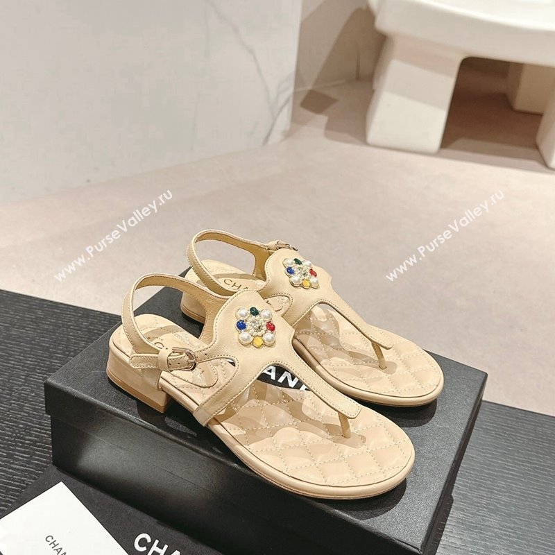 Chanel Calfskin Flat Thong Sandals with Pearls Flower Beige 2024 0603 (MD-240603103)