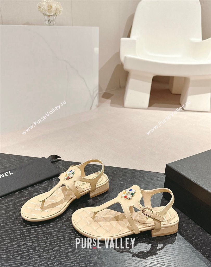 Chanel Calfskin Flat Thong Sandals with Pearls Flower Beige 2024 0603 (MD-240603103)