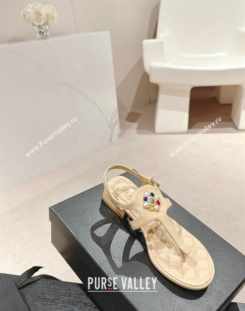 Chanel Calfskin Flat Thong Sandals with Pearls Flower Beige 2024 0603 (MD-240603103)