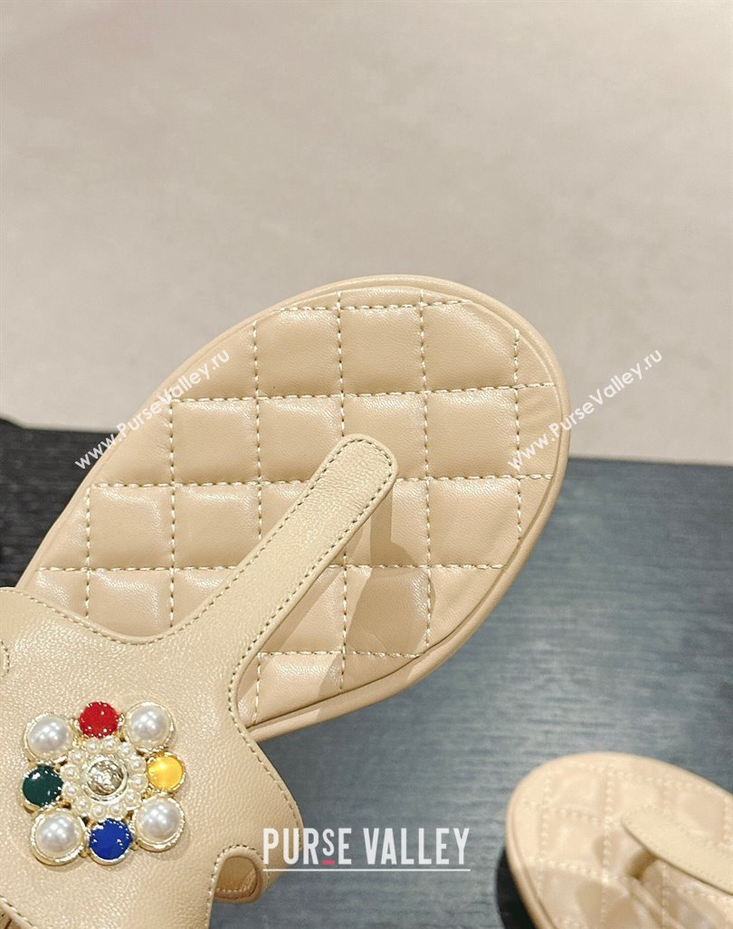 Chanel Calfskin Flat Thong Sandals with Pearls Flower Beige 2024 0603 (MD-240603103)