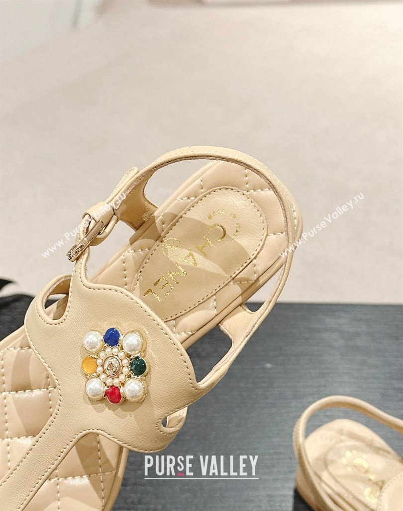 Chanel Calfskin Flat Thong Sandals with Pearls Flower Beige 2024 0603 (MD-240603103)