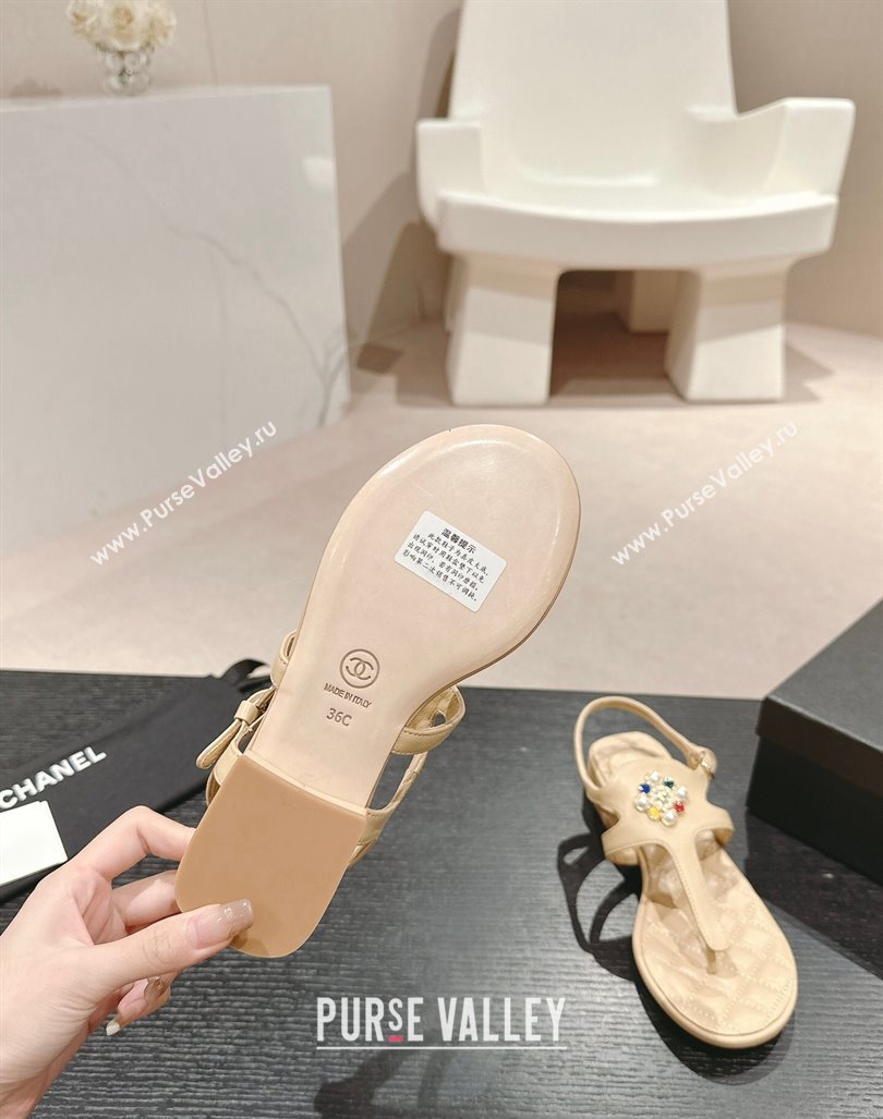 Chanel Calfskin Flat Thong Sandals with Pearls Flower Beige 2024 0603 (MD-240603103)