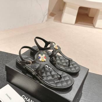 Chanel Calfskin Flat Thong Sandals with Pearls Flower Black 2024 0603 (MD-240603104)