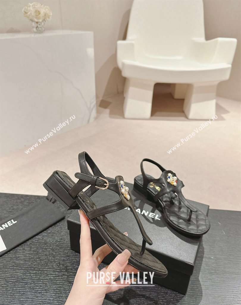 Chanel Calfskin Flat Thong Sandals with Pearls Flower Black 2024 0603 (MD-240603104)