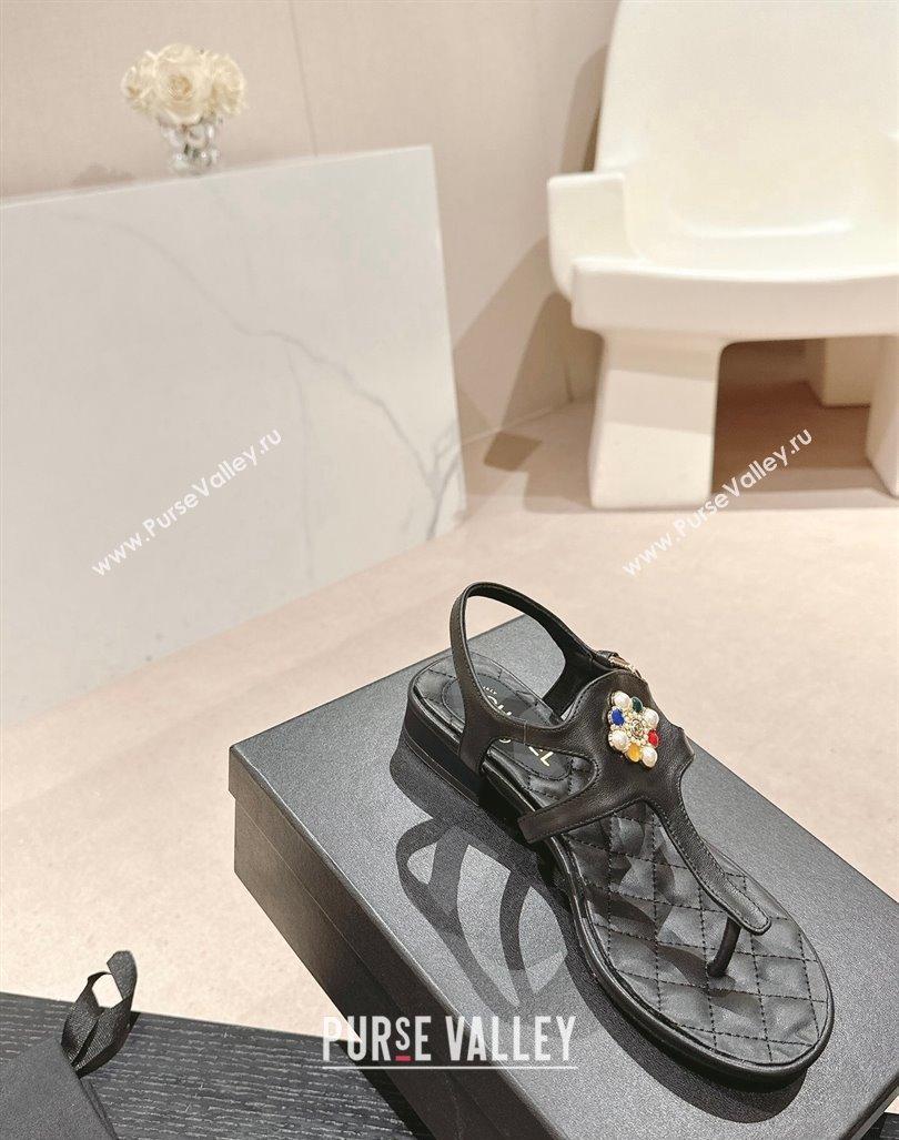 Chanel Calfskin Flat Thong Sandals with Pearls Flower Black 2024 0603 (MD-240603104)