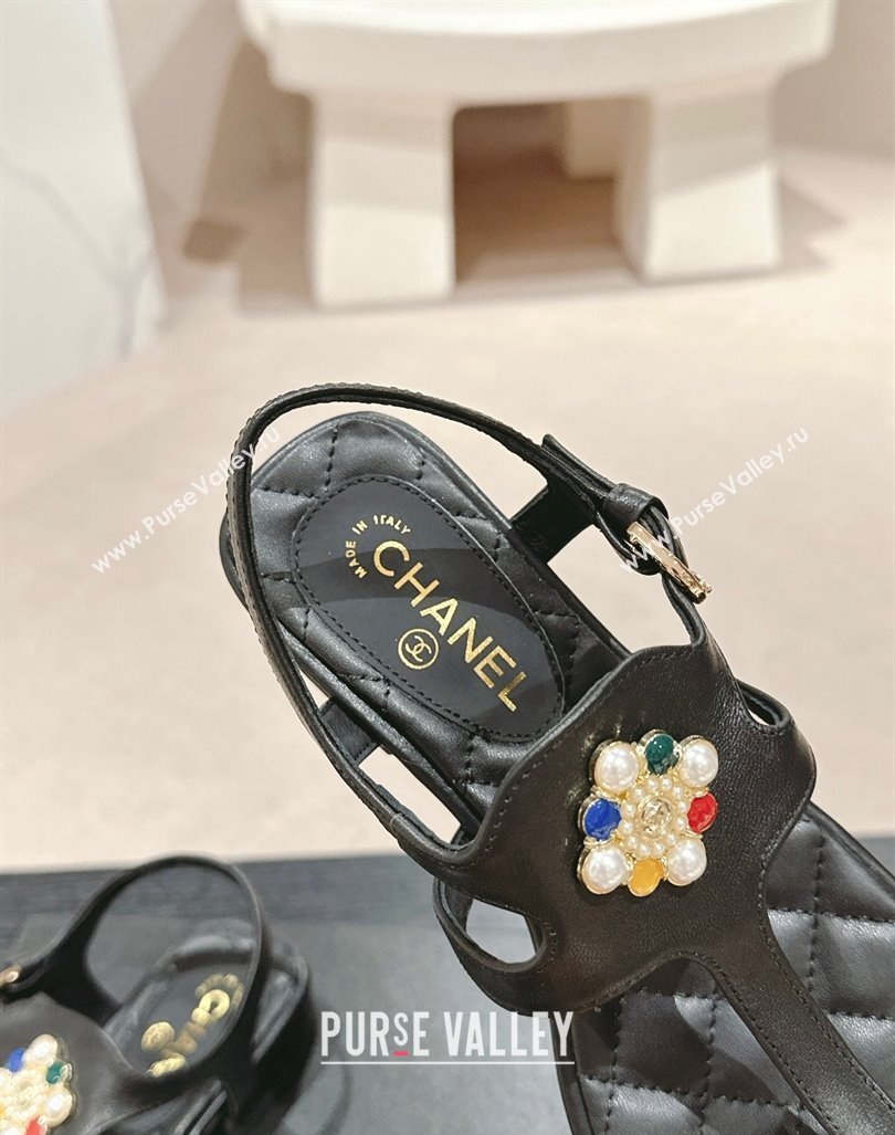 Chanel Calfskin Flat Thong Sandals with Pearls Flower Black 2024 0603 (MD-240603104)