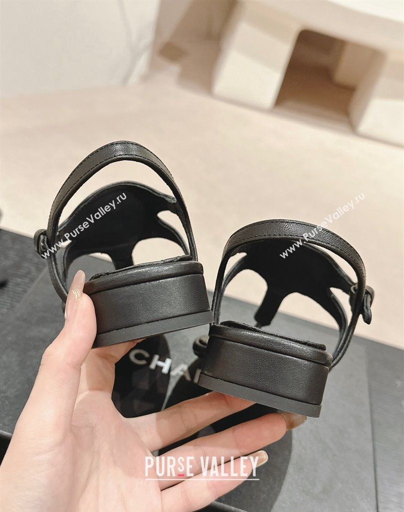 Chanel Calfskin Flat Thong Sandals with Pearls Flower Black 2024 0603 (MD-240603104)