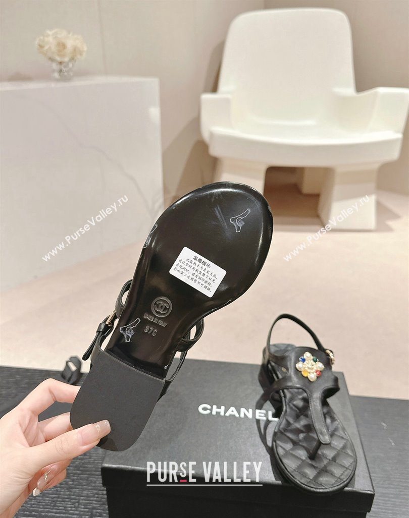 Chanel Calfskin Flat Thong Sandals with Pearls Flower Black 2024 0603 (MD-240603104)