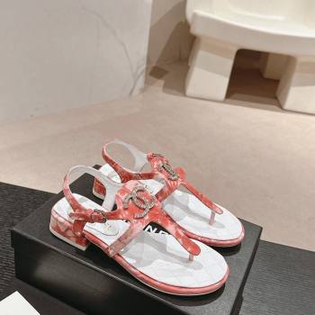 Chanel Printed Fabric Flat Thong Sandals with Pearls Flower Pink 2024 0603 (MD-240603105)