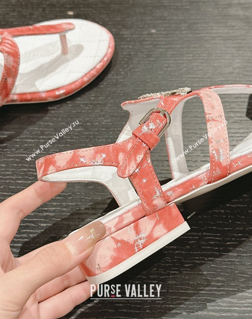 Chanel Printed Fabric Flat Thong Sandals with Pearls Flower Pink 2024 0603 (MD-240603105)