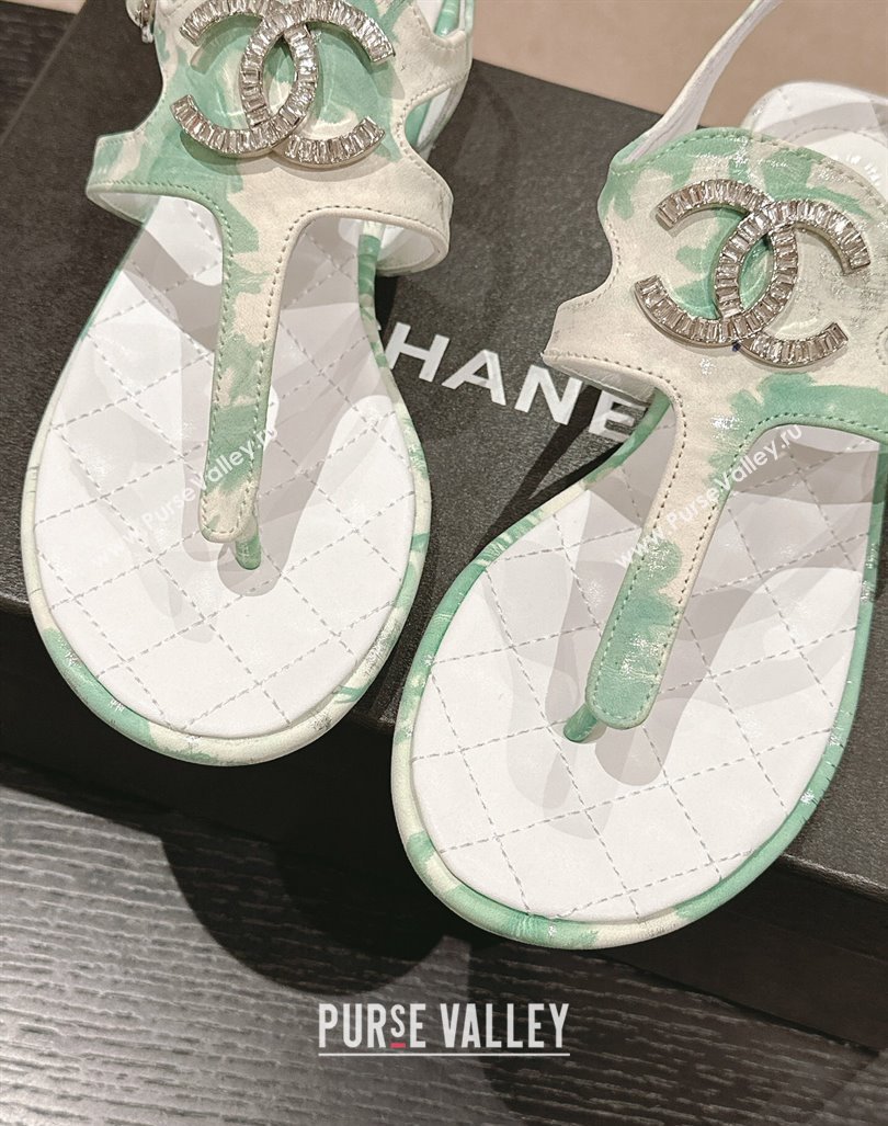 Chanel Printed Fabric Flat Thong Sandals with Pearls Flower Green 2024 0603 (MD-240603106)