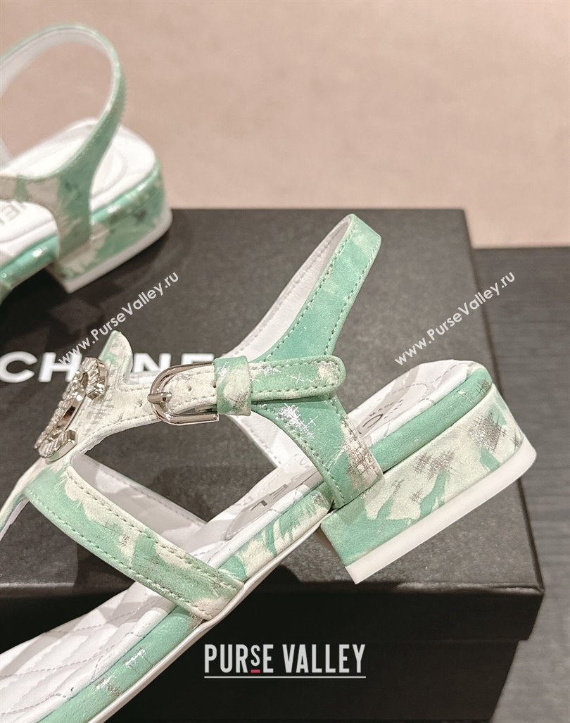 Chanel Printed Fabric Flat Thong Sandals with Pearls Flower Green 2024 0603 (MD-240603106)