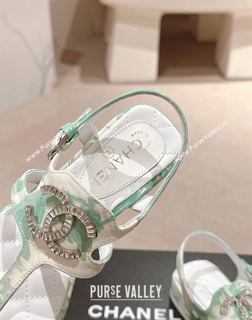 Chanel Printed Fabric Flat Thong Sandals with Pearls Flower Green 2024 0603 (MD-240603106)