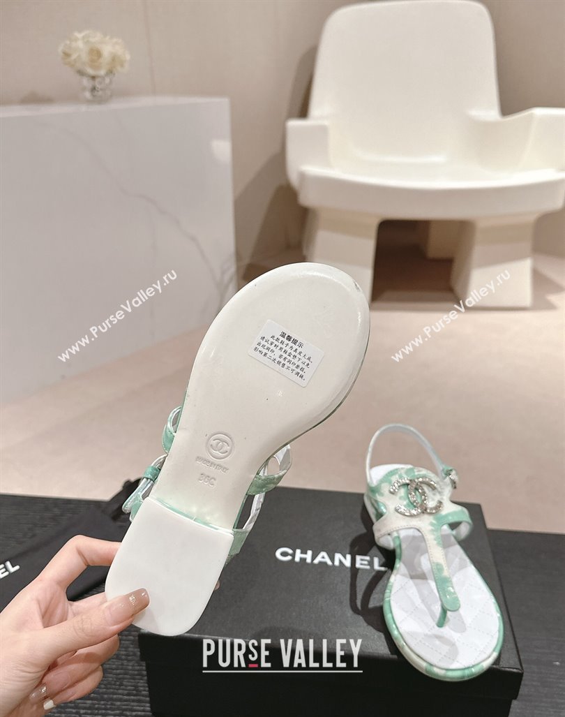 Chanel Printed Fabric Flat Thong Sandals with Pearls Flower Green 2024 0603 (MD-240603106)