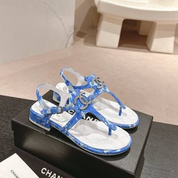 Chanel Printed Fabric Flat Thong Sandals with Pearls Flower Sky Blue 2024 0603 (MD-240603107)