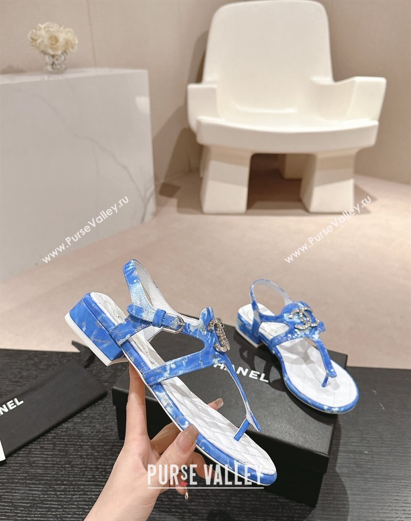 Chanel Printed Fabric Flat Thong Sandals with Pearls Flower Sky Blue 2024 0603 (MD-240603107)